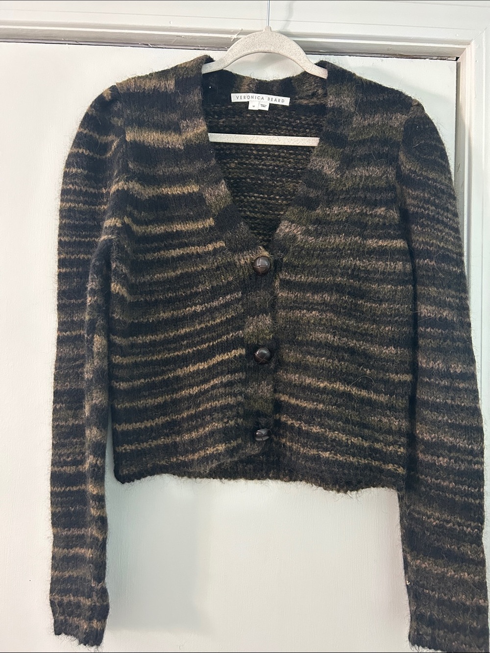 Veronica Beard Black and Brown Striped V-Neck Cardigan